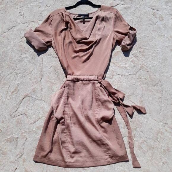 BCBGMaxAzria Alex Cowl Neck Dress Short Sleeve Belted Peasant Satin Rose Gold M - Picture 13 of 14